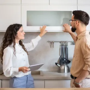 Une femme avec une tablette montre un meuble de cuisine blanc à un homme intéressé lors d'une visite immobilière.