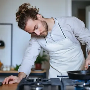Un homme avec un chignon et un tablier se penche sur une cuisinière à gaz, concentré sur la poêle en fonte qu'il est en train de chauffer.