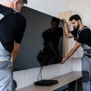 Deux techniciens installent une grande télévision à écran plat sur un meuble mural. 
