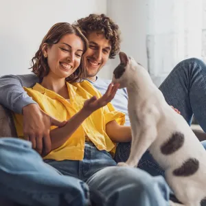 Un homme et une femme souriants sur un canapé, caressant un chat sur leurs genoux.