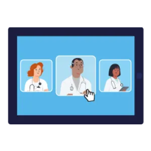 Illustration d'une tablette numérique dans laquelle on voit trois médecins côte à côte.