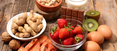 Composition d'aliments couramment allergènes : fraises, cacahuètes, œufs, noix, crevettes, chocolat, kiwi.