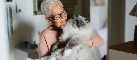 Une femme âgée souriante aux lunettes tient un chat aux yeux bleus dans ses bras.