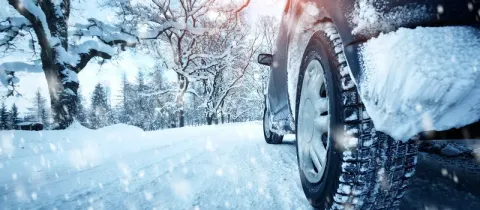 La roue arrière d'une voiture est recouverte de neige sur une route enneigée avec des arbres également enneigés.