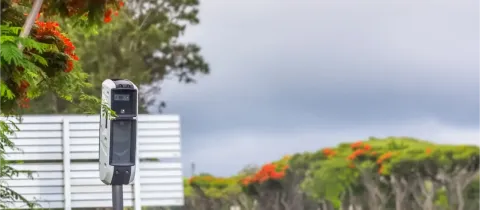 Un radar de vitesse gris et blanc sur le bord d'une route bordée d'arbres, sous un ciel couvert en France.