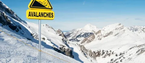 Panneau d'avertissement "AVALANCHES" en jaune vif planté dans une pente de montagne enneigée sous un ciel bleu.