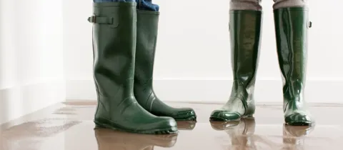 Gros plan sur deux paires de jambes portant des bottes en caoutchouc vertes, debout dans une fine couche d'eau sur un plancher.Gros plan sur deux paires de jambes portant des bottes en caoutchouc vertes, debout dans une fine couche d'eau sur un plancher.