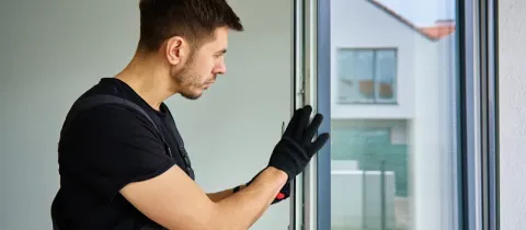 Gros plan d'un installateur de fenêtres ajustant le cadre d'une fenêtre moderne, le verre reflétant une maison à l'extérieur.