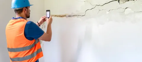 Un ouvrier en gilet orange et casque bleu prend une photo avec son téléphone d'une grande fissure dans un mur intérieur.