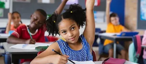 Élève levant la main en classe d'école élémentaire.