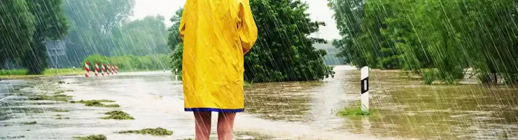 Individu sous la pluie les pieds sur une route inondée