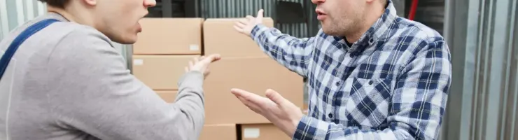Deux hommes en train d'échanger vigoureusement concernant les cartons à l'intérieur d'un local.