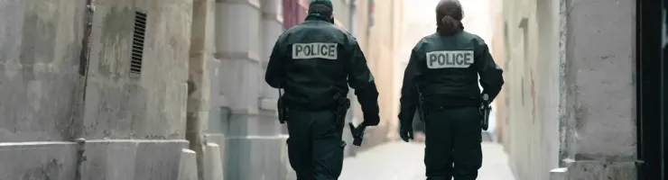 Deux policiers en uniforme marchent dos à la caméra dans une ruelle étroite.
