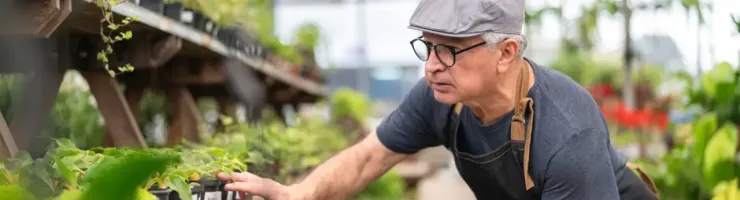 Un homme travaille dans un jardin, penché sur des plantes pour les entretenir.