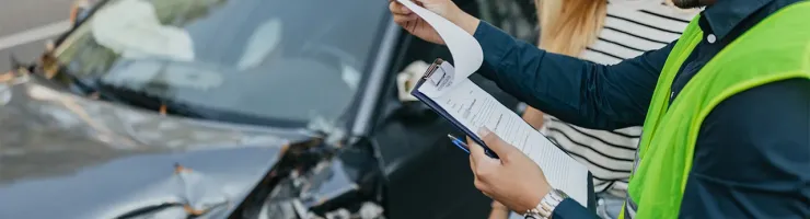 Un homme en gilet fluo et une femme examinent des documents après un accident de voiture.