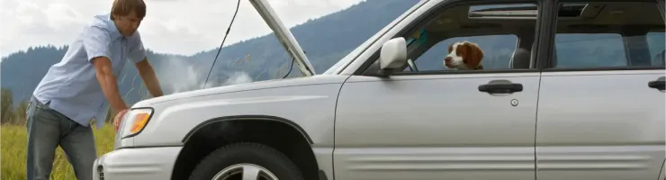 Un homme se penche sur le capot ouvert d'un SUV argenté en panne, un chien regarde depuis l'intérieur.
