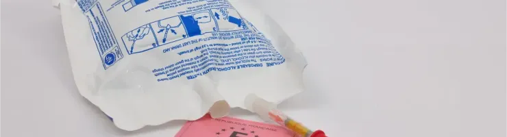 Un éthylotest à usage unique est posé à côté d'un permis de conduire français sur fond blanc.