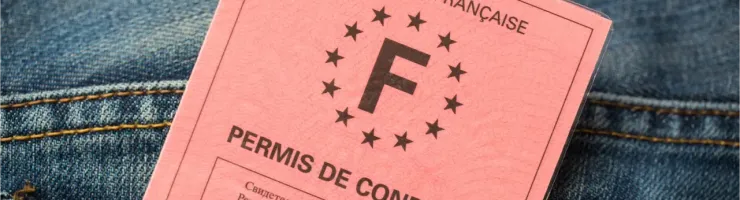 Un permis de conduire français rose "Permis de Conduire" dans la poche arrière d'un jean.
