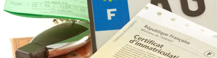 Documents français pour véhicule : certificat d'immatriculation, permis de conduire, plaque d'immatriculation.