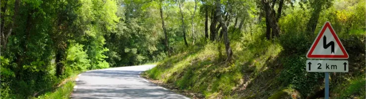 Route sinueuse en France à travers une forêt luxuriante avec un panneau de signalisation de virages dangereux.