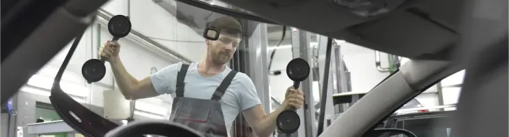 Un ouvrier installe un nouveau pare-brise sur une voiture dans un garage, vu de l'intérieur de la voiture.