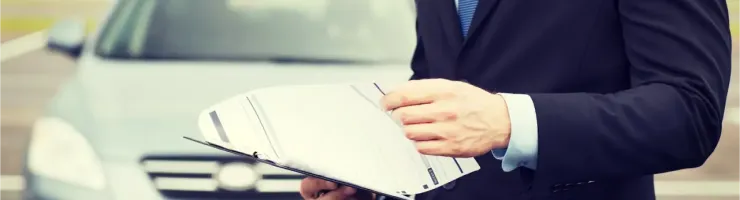 Un homme en costume tient un dossier de documents devant une voiture garée, évoquant l'assurance.