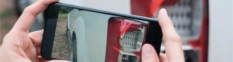 Des mains tenant un smartphone prenant une photo du feu arrière d'une voiture blanche.