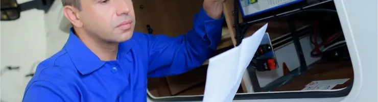 Un homme en combinaison de travail bleue examine des fils et des composants électriques dans un compartiment de camping-car.