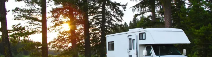 Un camping-car blanc est garé au bord d'un lac, entouré de grands pins, avec le soleil couchant en arrière-plan.