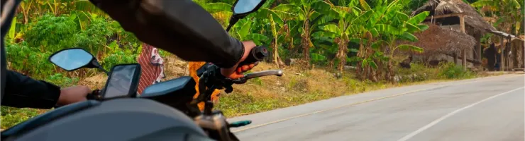 Un motard roule sur une route de campagne bordée de palmiers, avec un GPS sur le guidon.