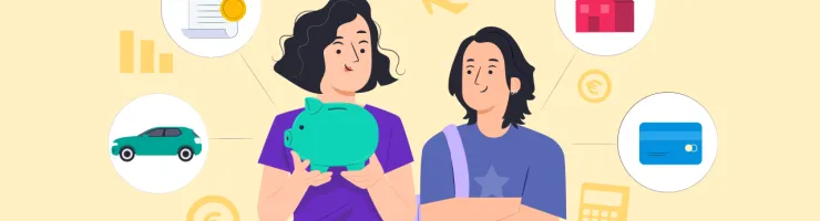 Illustration d'un adulte et d'un adolescent tenant une tirelire, entourés d'icônes représentant des finances et des biens.