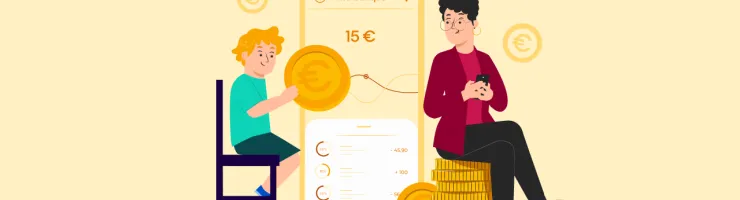 Un enfant tient une pièce de monnaie dans sa main, et une adulte est assise sur une colonne de pièces.