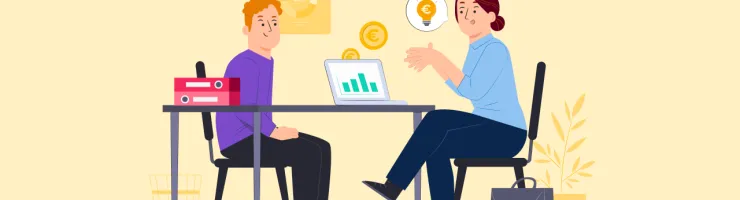 Un adulte conseille un adolescent sur le travail et l'argent, assis à une table avec un ordinateur.