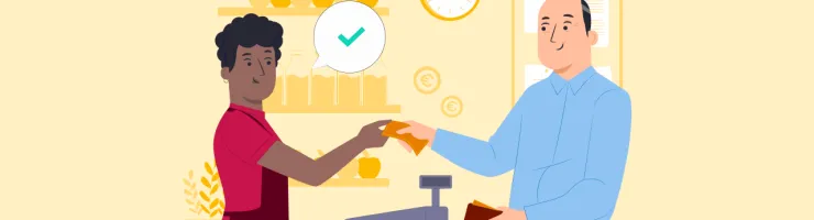 Illustration d'une jeune hôtesse de caisse rendant la monnaie à un client dans un magasin.