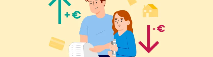 Illustration d'un adulte conseillant un adolescent sur la gestion de l'argent, avec une facture.