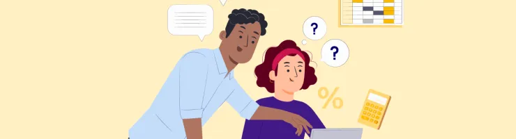 Illustration d’un adulte donnant des conseils à une jeune adulte sur la gestion de son budget.