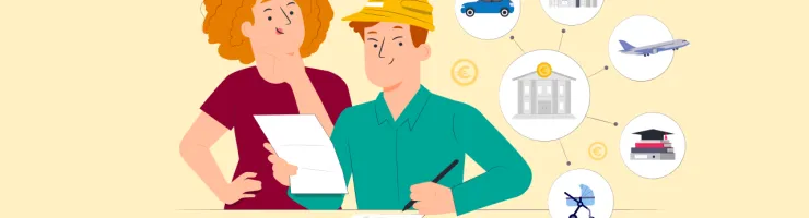 Illustration d’un jeune adulte imaginant son avenir, avec un document et une calculatrice à ses côtés, sous la supervision d’un adulte.