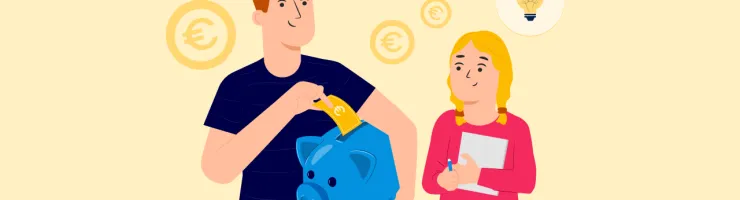 Un adulte met un billet dans une tirelire, une fille tient un carnet de notes.