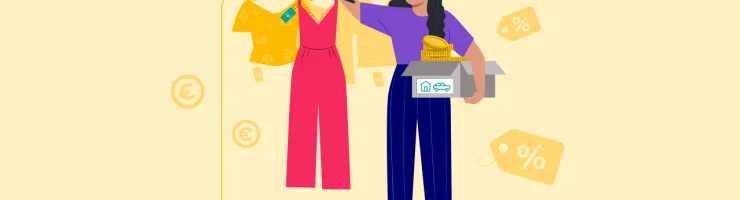 Illustration d’une adolescente dans un magasin, tenant un vêtement neuf dans une main et de l'argent dans l'autre pour ses projets futurs.