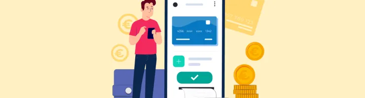 Illustration d'un jeune adulte effectuant un achat en ligne depuis son mobile.