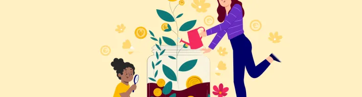 Une adulte et une fille observent une plante en forme de pièce pousser dans un bocal.