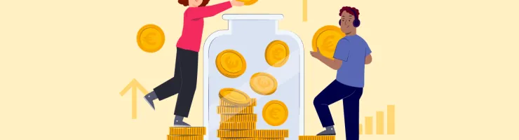 Illustration de deux adolescents mettant des pièces dans un bocal géant.