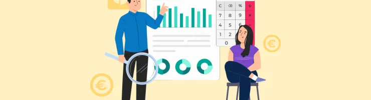 Illustration d'un adulte montrant des graphiques et des calculs à une jeune adulte.