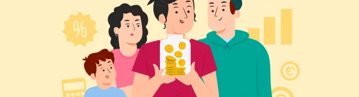 Illustration d'une mère tenant un bocal de pièces, un enfant, une adolescente et un jeune adulte se tenant à côté d'elle.