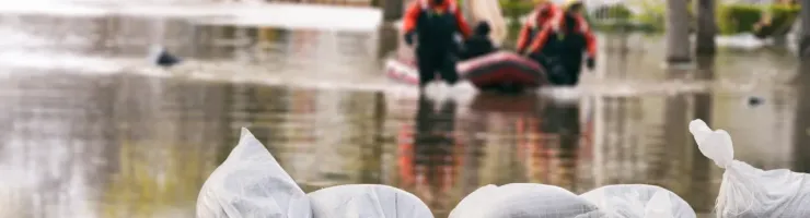 Sacs de sable au premier plan pour la protection contre les inondations ; secours en bateau à l'arrière-plan.