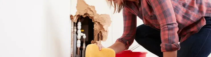 Une femme éponge le sol mouillé à cause d'une fuite d'eau, les tuyaux étant visibles dans le mur.