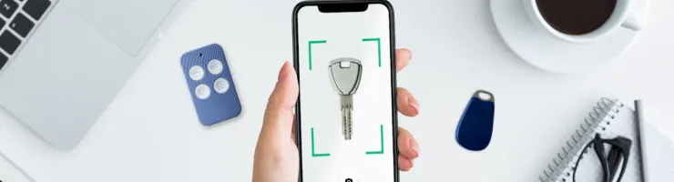 Vue de dessus : main tenant un smartphone qui scanne une clé de voiture.