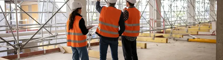 Ouvriers du BTP sur un échafaudage examinant des plans de construction.