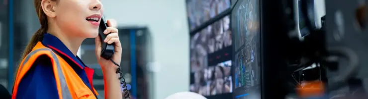 Femme en gilet de sécurité au téléphone sur un site industriel.