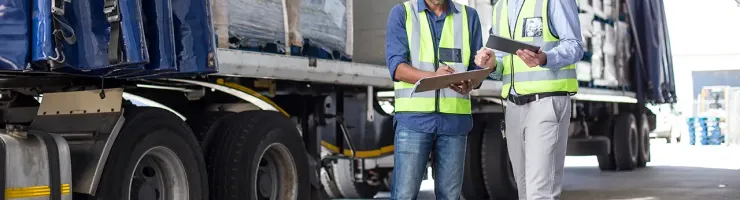 Techniciens de transport routier devant un camion professionnel